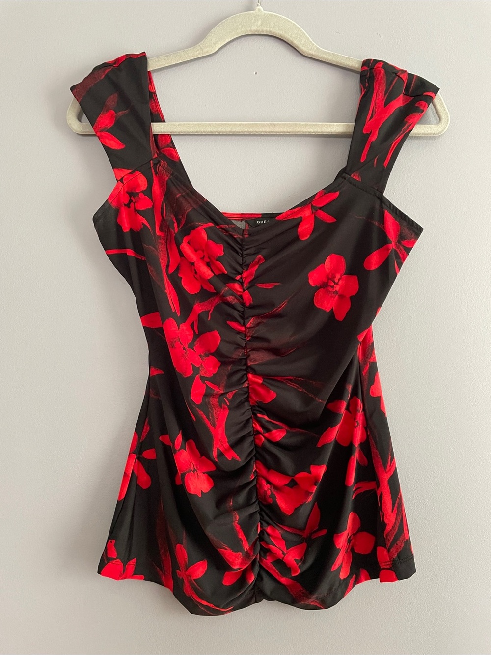 GUESS Black Top with Red Trim and Floral Detail